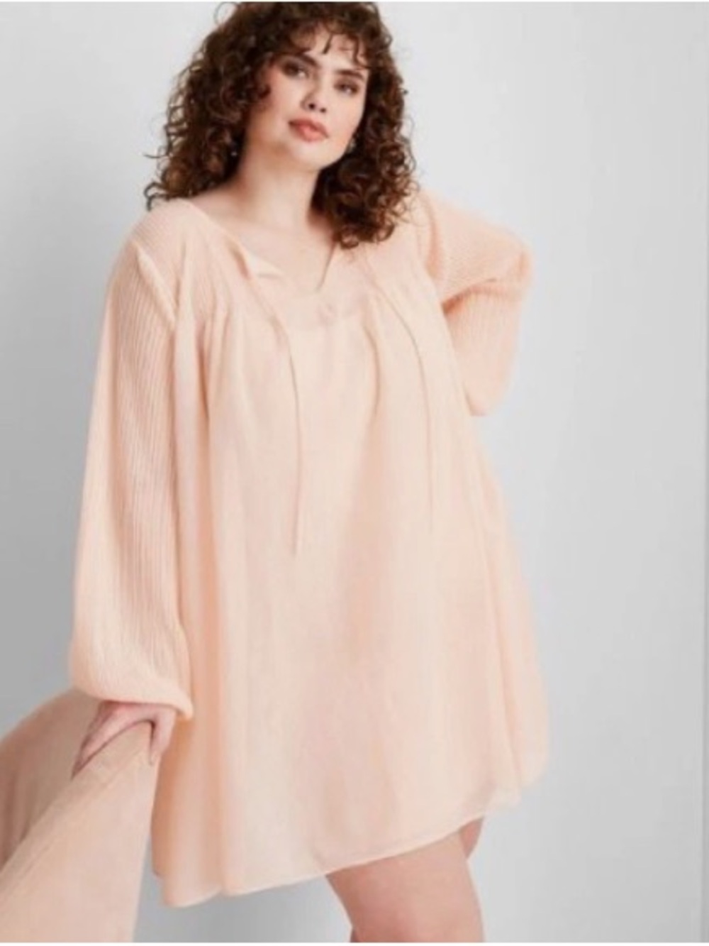 Peach V-Neck Tie Babydoll Tunic